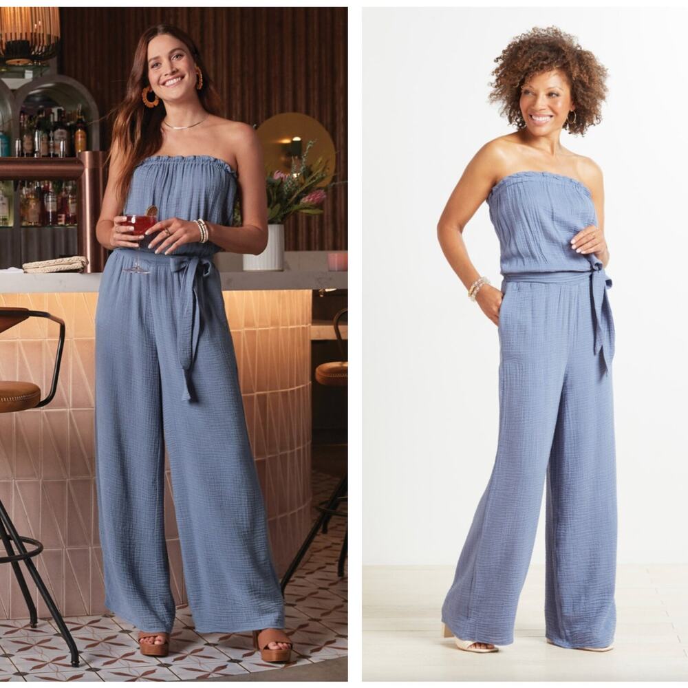 EVEREVE Riley Strapless Gauze Wide Leg Jumpsuit Periwinkle Blue {JJ38}